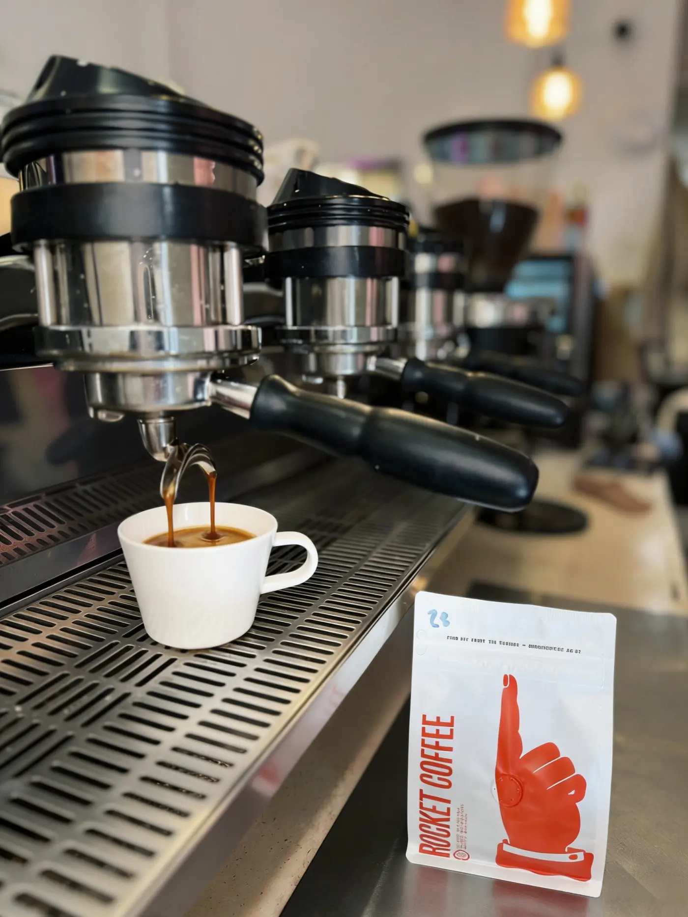 Espresso pulling at Chuffed with a Rocket Coffee card
