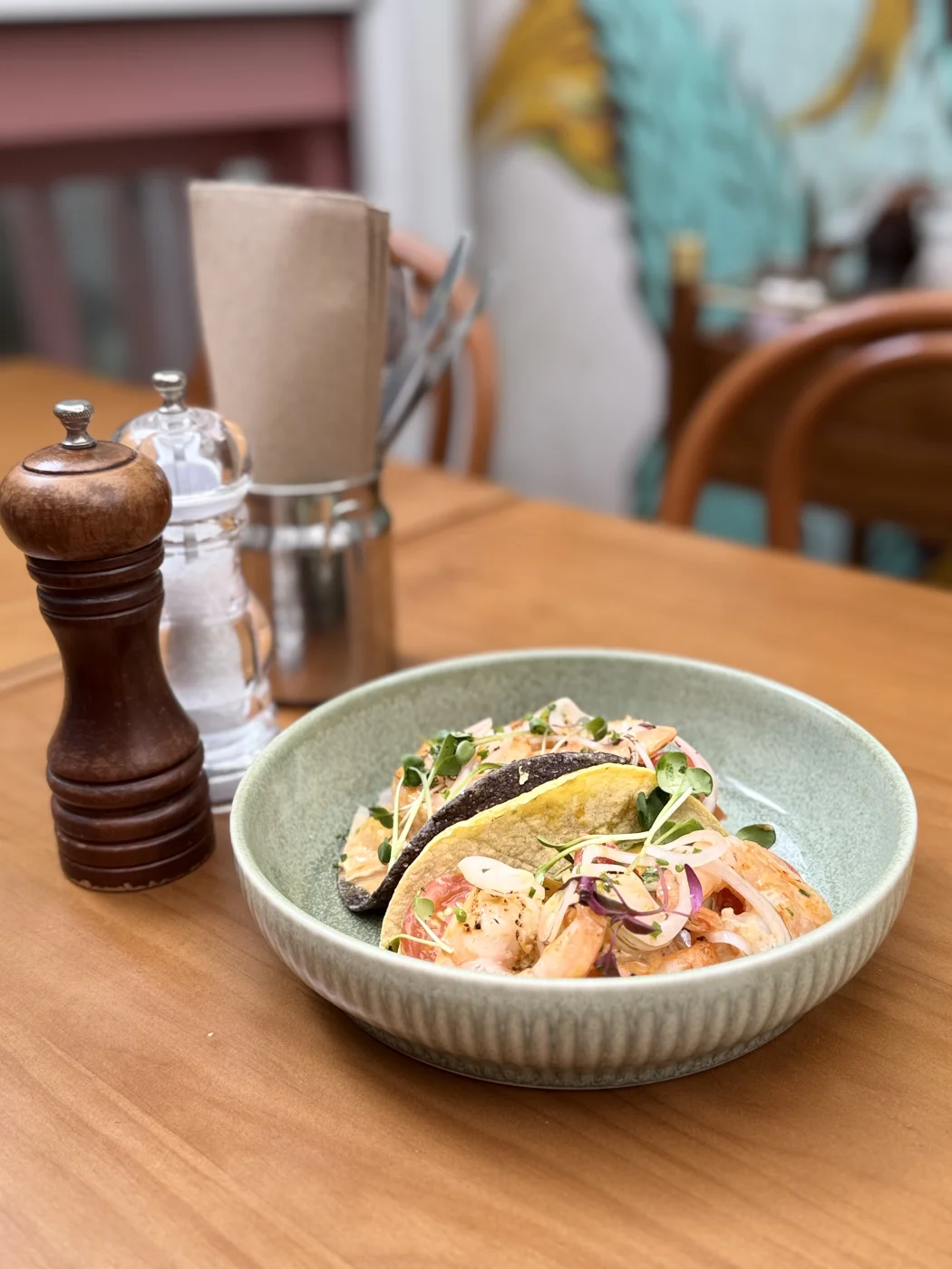 Shrimp tacos in a sage bowl