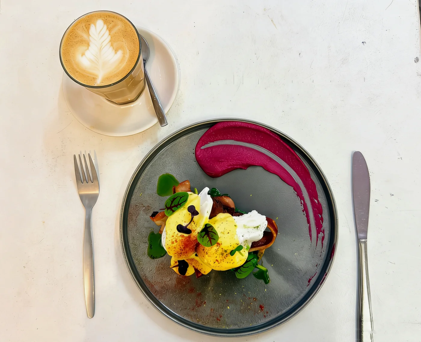 Latte and beetroot benedict